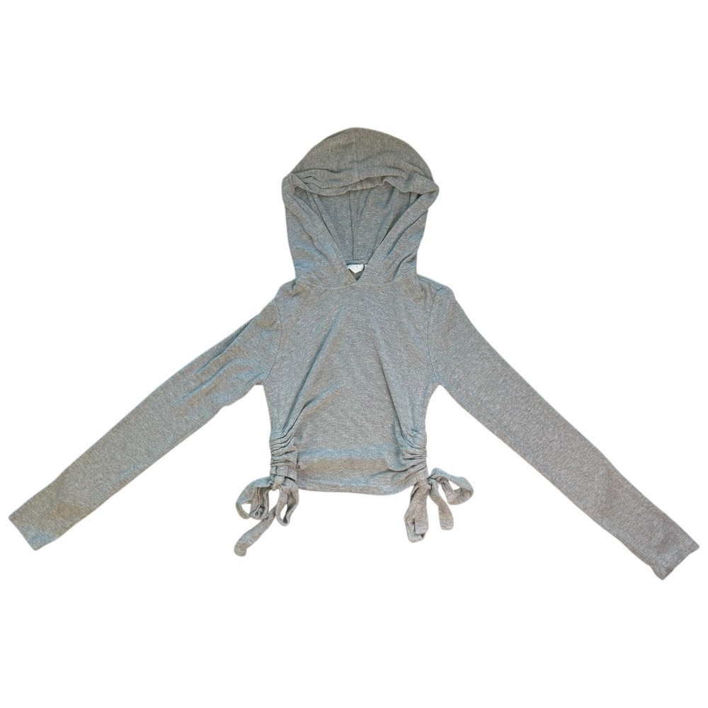 NIA Gray Ruched Drawstring Cropped Hoodie Long Sleeve Top Women's Small